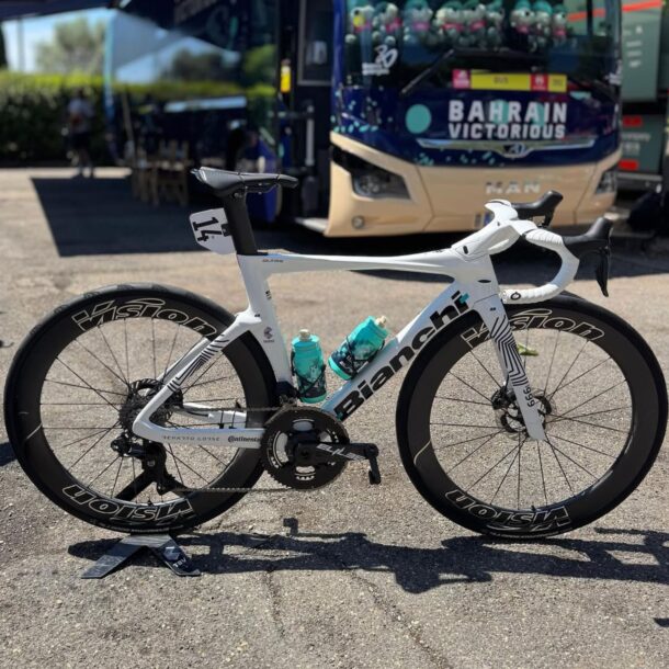 Elite Fly Bahrain-Victorious Pro Cycling Team Water Bottles on Bianchi Road Bike
