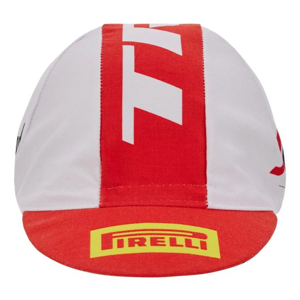 Santini Trek Segafredo Pirelli Cycling Cap (White/Red) | Made in Italy Santini Trek Segafredo Pirelli Pro Team Cycling Cap front on Santini Trek Segafredo Pirelli Cycling Cap (White/Red) | Made in Italy