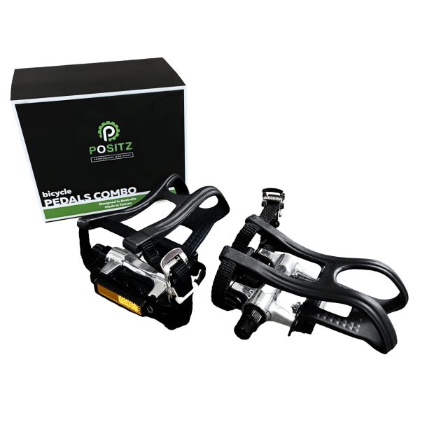 Positz Heavy Duty Bike Pedals with Toe Clips and Straps