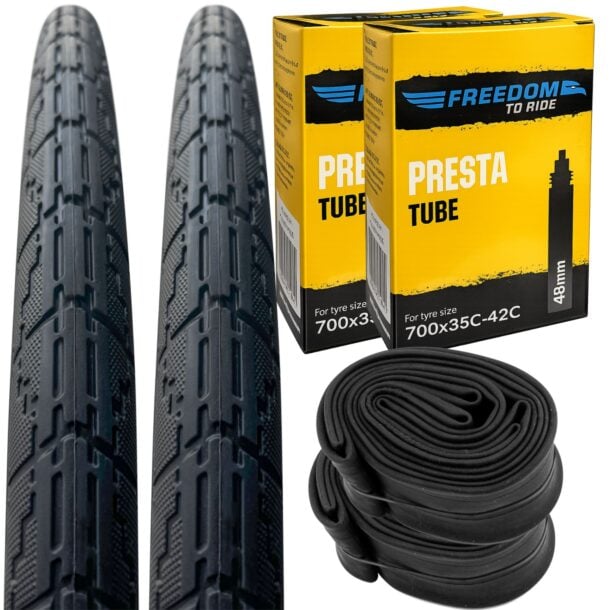 Positz Essential Value Bundle of 2 Tyres 700 x 40c (42-622) and 2 Freedom Tubes Presta