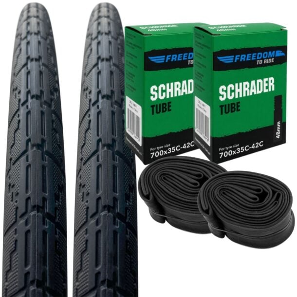 Positz Essential Value Bundle of 2 Tyres 700 x 40c (42-622) and 2 Freedom Tubes Schrader