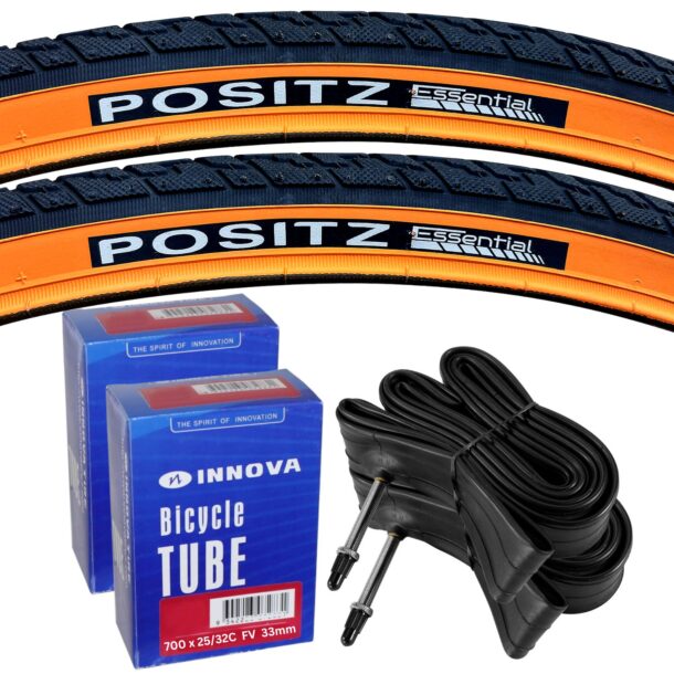 Positz Essential Value Bundle of 2 Tyres with Tangerine Sidewall 700 x 32c (32-622) and 2 Innova Presta Tubes