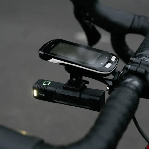 Knog Blinder 900 Lumen Road-Specific Front Bike Light (under Garmin, Gopro mounted)