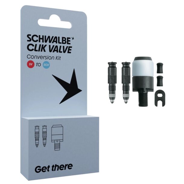 Schwalbe Clik Valve Presta Conversion Kit (3542) - Valves with Pump Head Adapter - in packaging