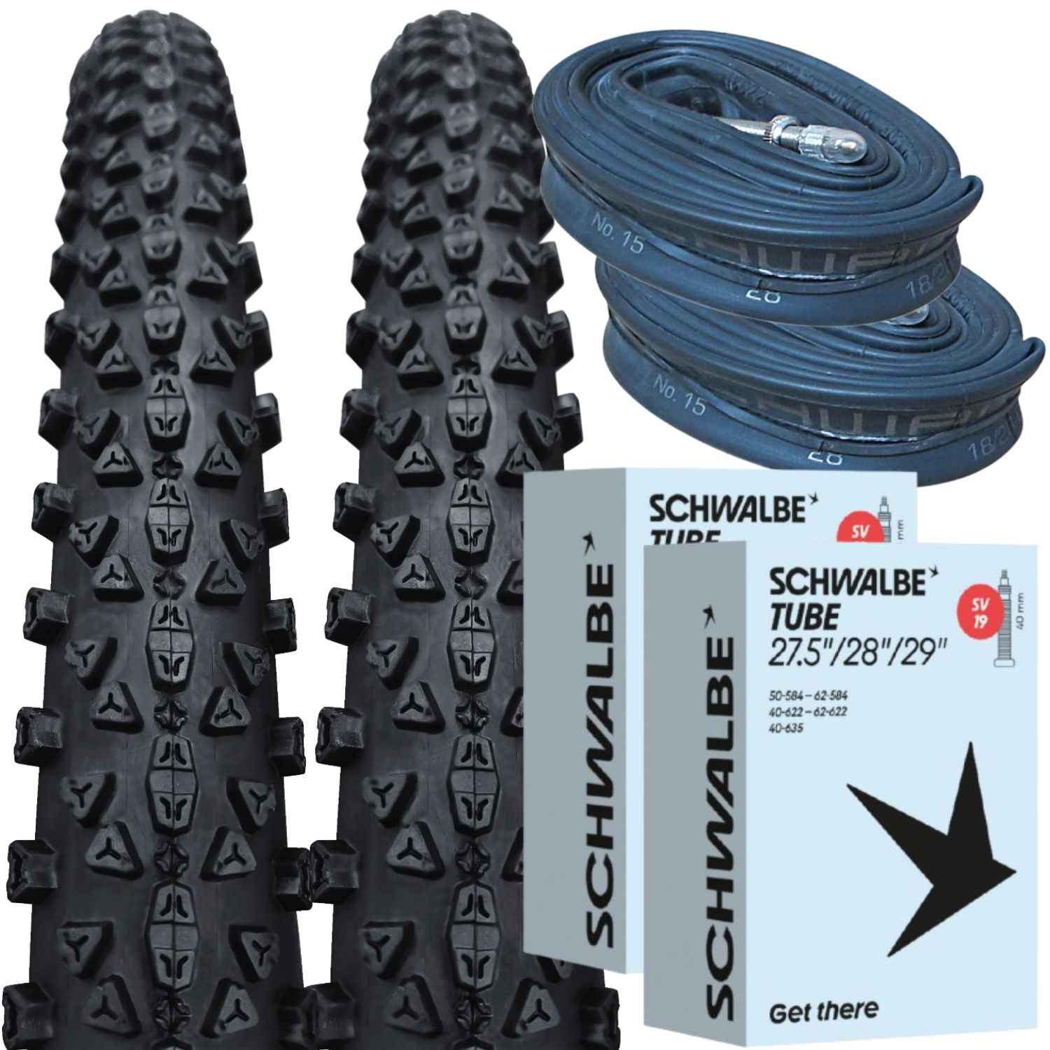 Positz Value Bundle of 2 MTB Tyres 29 x 2.10 (54-622) and 2 Schwalbe SV19 Tubes Presta Positz Value Bundle of 2 MTB Tyres 29 x 2.10 (54-622) and 2 Schwalbe SV19 Tubes