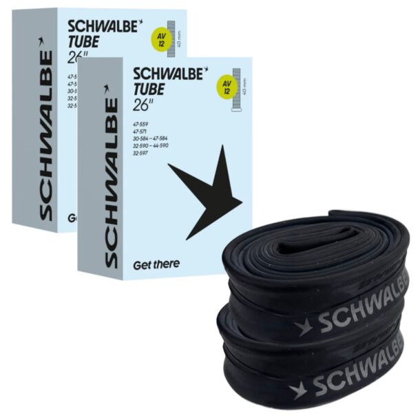 Schwalbe AV12 Inner Tubes fits various size tyres 26″-27.5″ and 650A/650B/650C Schrader (2 Pack)