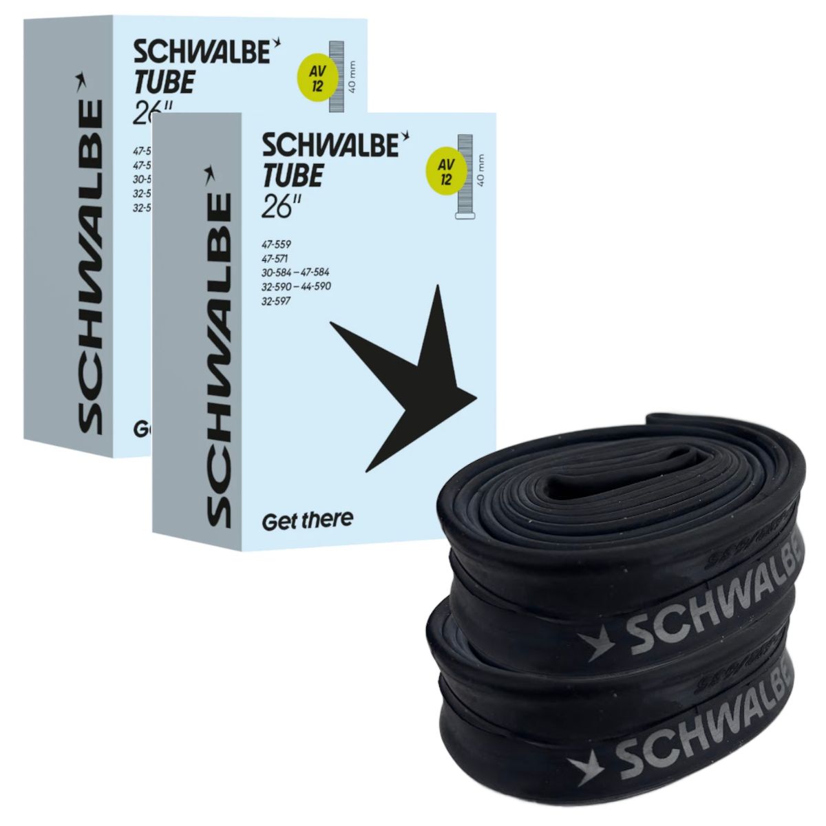 Schwalbe AV12 Inner Tubes fits various size tyres 26″-27.5″ and 650A/650B/650C Schrader (2 Pack) Schwalbe AV12 Inner Tubes fits various size tyres 26″-27.5″ and 650A/650B/650C Schrader (2 Pack)