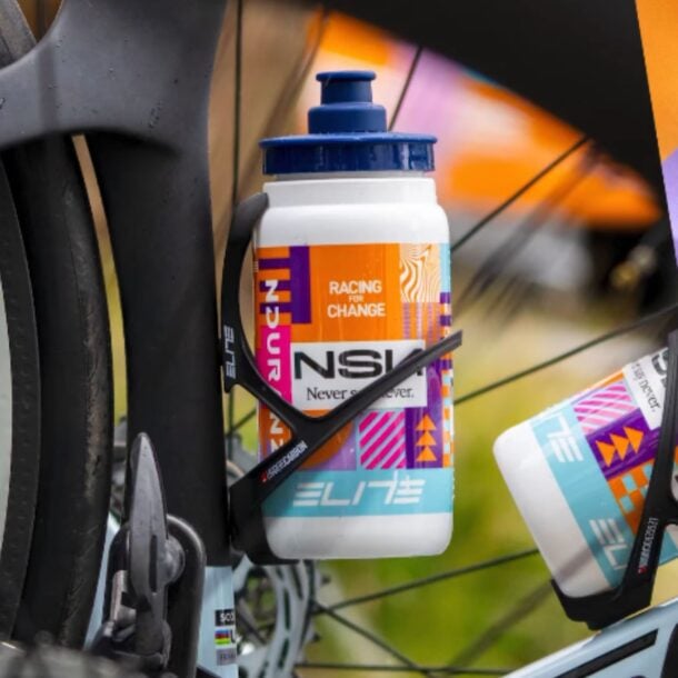 Elite Fly NSN Pro Cycling Team Water Bottles on bike