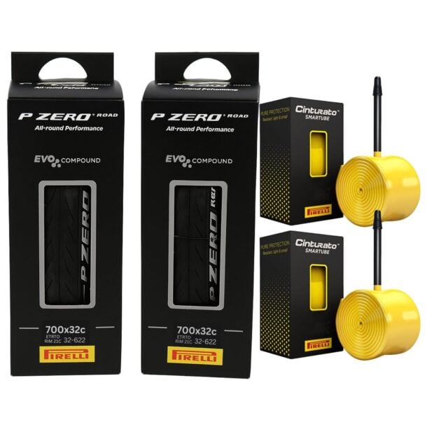 Pirelli P Zero Road Bike Folding Bundle of 2 Tyres 700 x 32c (32-622) and 2 TPU Cinturato Smart Tubes 60mm Presta