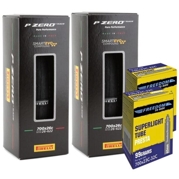 Pirelli Value Bundle of 2 P Zero Race 4S Road Tyres 700 x 26c (26-622) and 2 Freedom Superlight Tubes 60mm Presta RVC