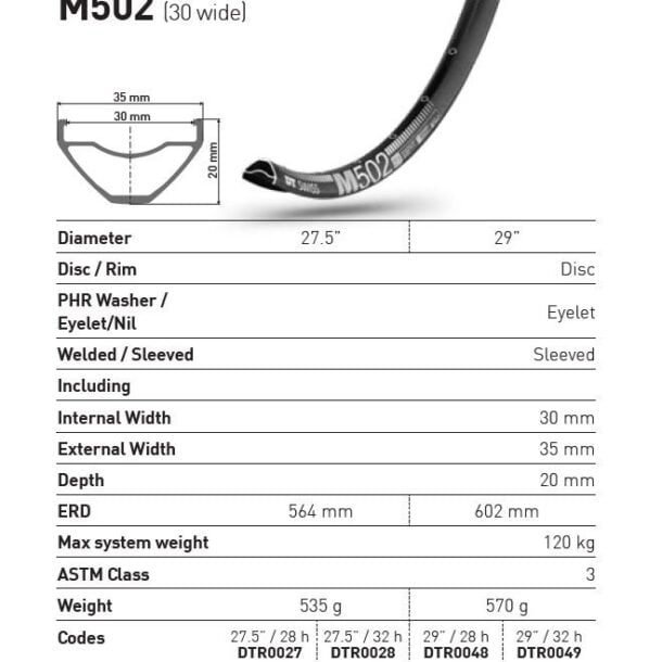 Alternative view of DT Swiss M 502 Rim | 27.5" | 30mm Internal | 28h