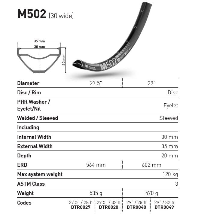 DT Swiss M 502 Rim | 27.5" | 30mm Internal | 28h DT Swiss M 502 Rim | 27.5" | 30mm Internal | 28h - Image 2