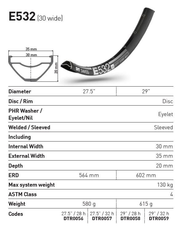 DT Swiss E 532 E-MTB Rim | 27.5" | 30mm Internal | 28h DT Swiss E 532 E-MTB Rim | 27.5" | 30mm Internal | 28h - Image 2