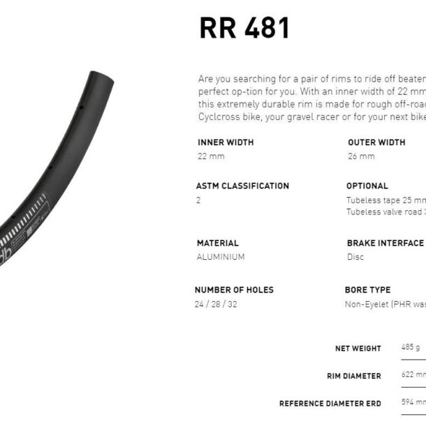 DT Swiss RR 481 Disc Road Rim | 700C | 22mm Internal | 24h | Black