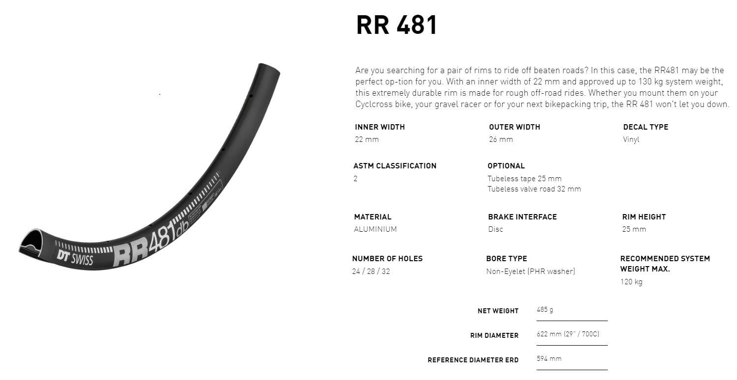 DT Swiss RR 481 Disc Road Rim | 700C | 22mm Internal | 24h | Black DT Swiss RR 481 Disc Road Rim | 700C | 22mm Internal | 24h | Black