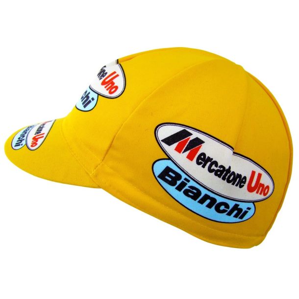 Santini Mercatone Uno Bianchi Cycling Cap – Marco Pantani – Made in Italy Mercatone Uno Bianchi Marco Pantani Cycling Cap Yellow 3 Santini Mercatone Uno Bianchi Cycling Cap – Marco Pantani – Made in Italy
