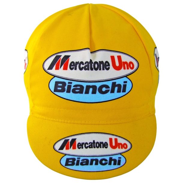 Santini Mercatone Uno Bianchi Cycling Cap – Marco Pantani – Made in Italy Mercatone Uno Bianchi Marco Pantani Cycling Cap Yellow 4 Santini Mercatone Uno Bianchi Cycling Cap – Marco Pantani – Made in Italy